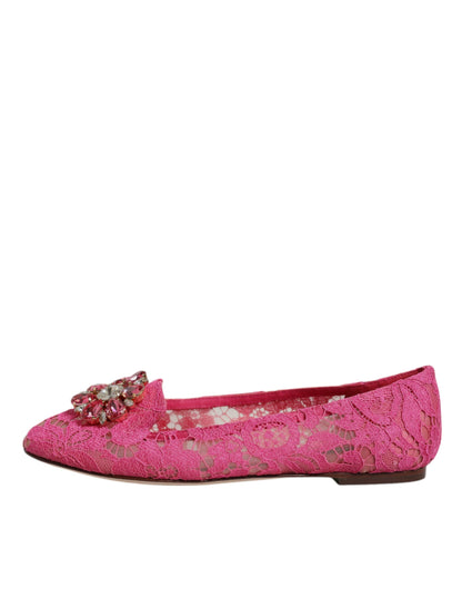 Dolce & Gabbana Fuchsia Crystal Loafer Lace Ballet Flats Shoes