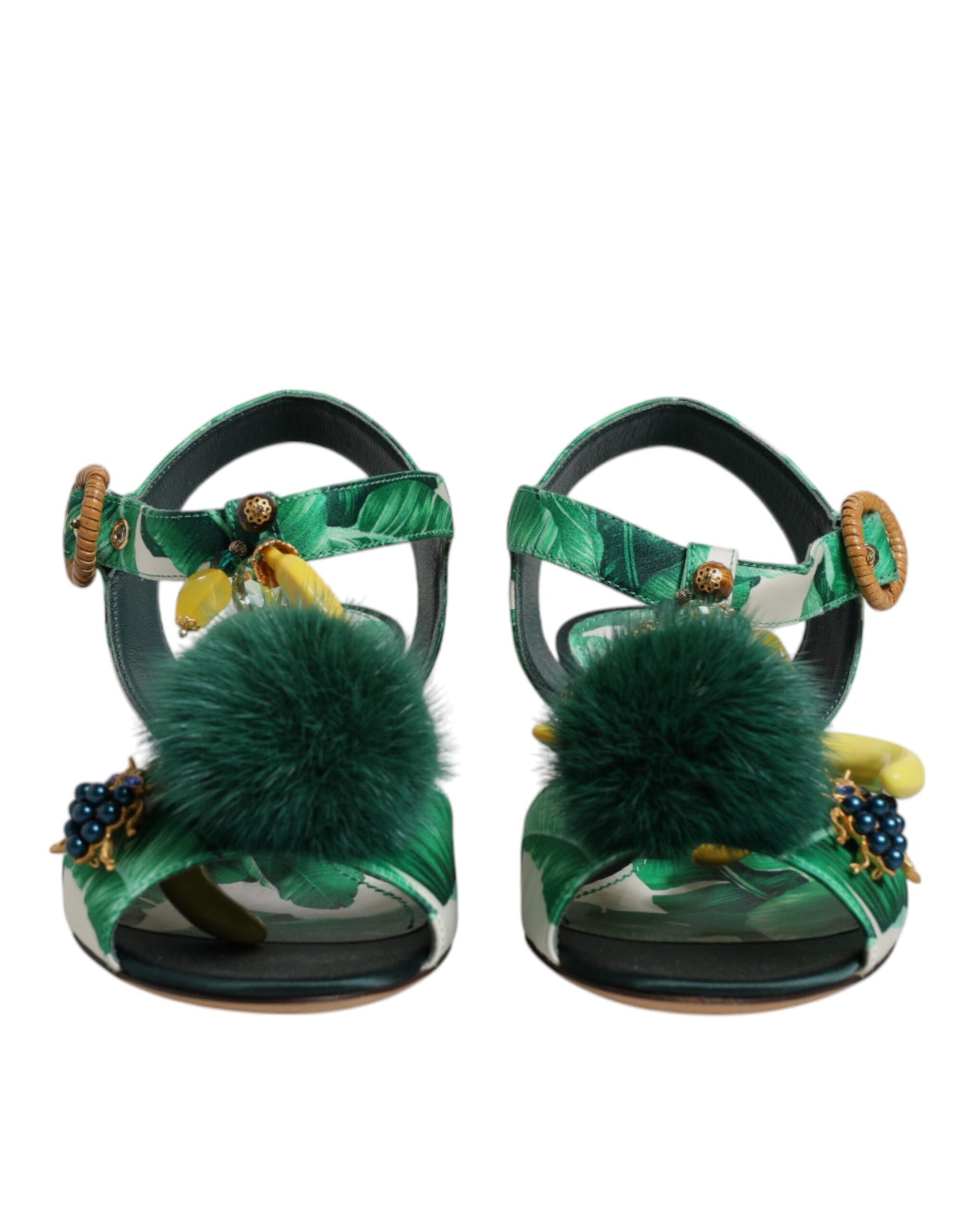 Dolce & Gabbana Green Crystal Fur Embellished Sandals Shoes