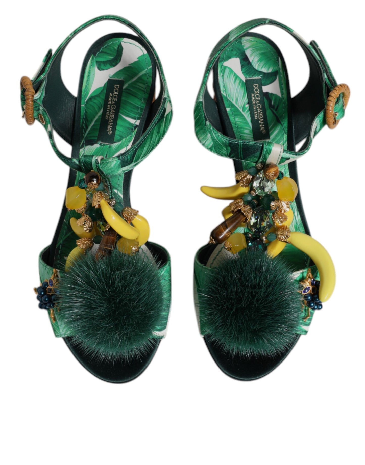 Dolce & Gabbana Green Crystal Fur Embellished Sandals Shoes