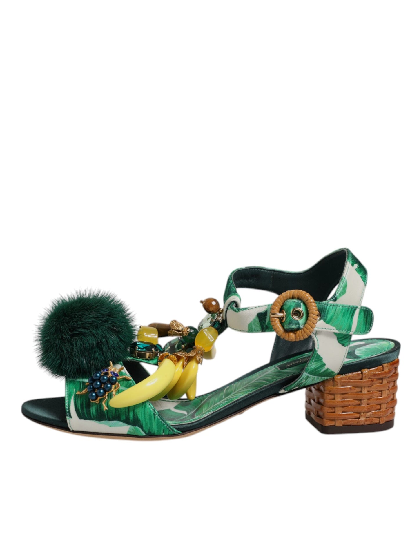 Dolce & Gabbana Green Crystal Fur Embellished Sandals Shoes