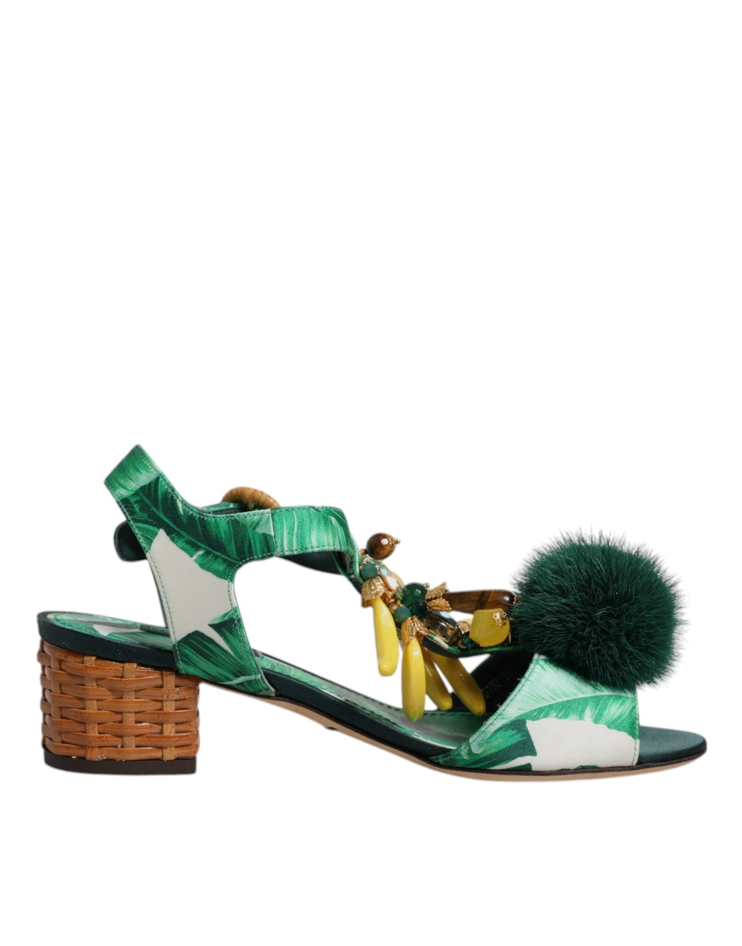 Dolce & Gabbana Green Crystal Fur Embellished Sandals Shoes