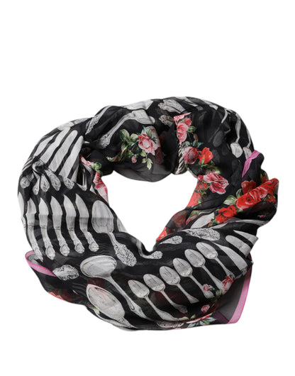 Dolce & Gabbana Black Cutlery Floral Neck Wrap Shawl Scarf