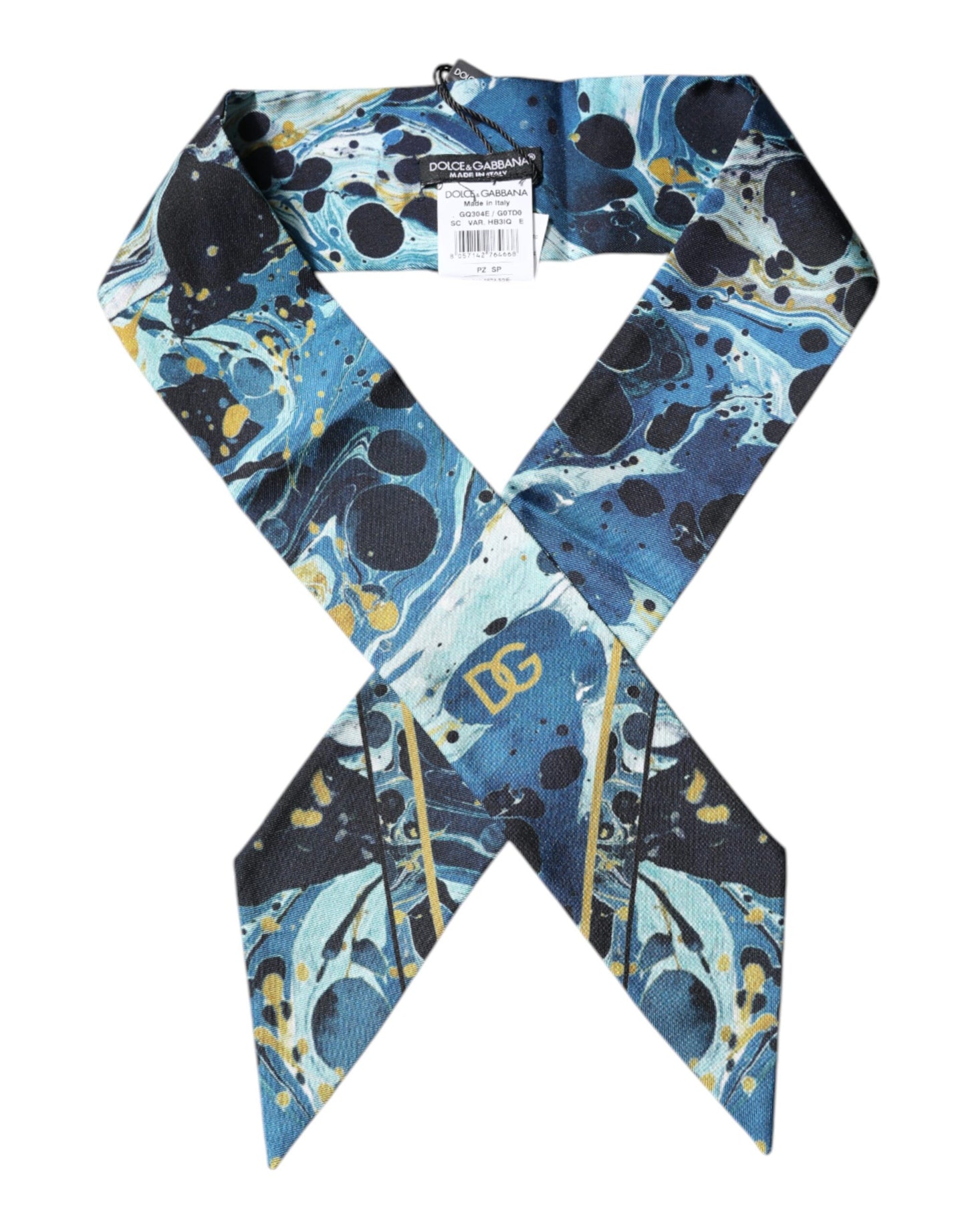 Dolce & Gabbana Blue Marble Print Silk Skinny Foulard Scarf