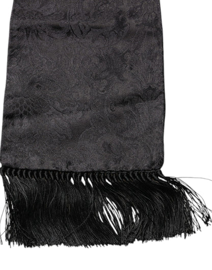 Dolce & Gabbana Black Floral Jacquard Skinny Fringes Scarf