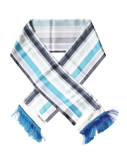 Dolce & Gabbana White Blue Stripes Silk Fringes Wrap Scarf