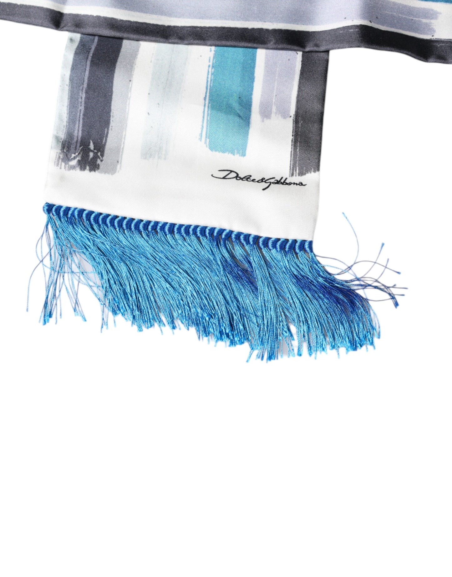 Dolce & Gabbana White Blue Stripes Silk Fringes Wrap Scarf