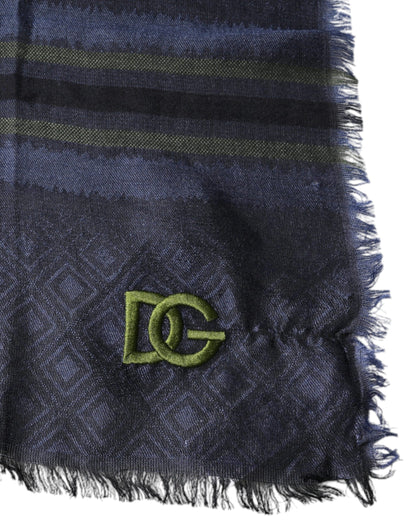 Dolce & Gabbana Dark Blue Logo Fringes Neck Wrap Scarf