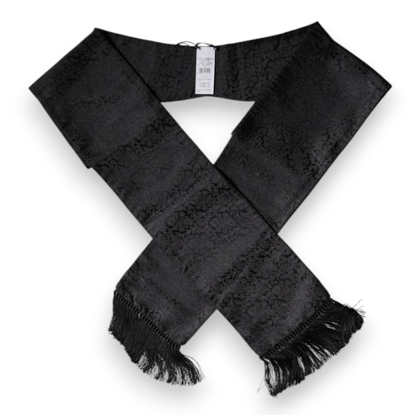 Dolce & Gabbana Black Floral Jacquard Skinny Fringes Scarf