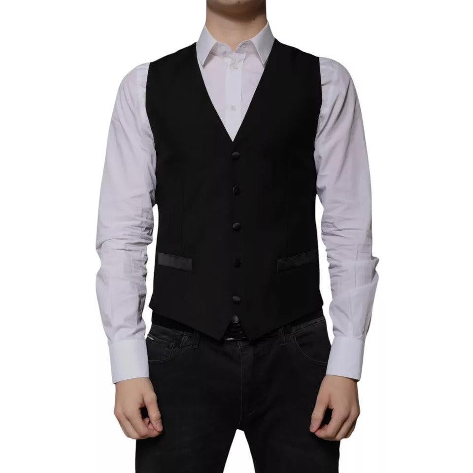 Dolce & Gabbana Black Wool Formal Dress Men Waistcoat Vest