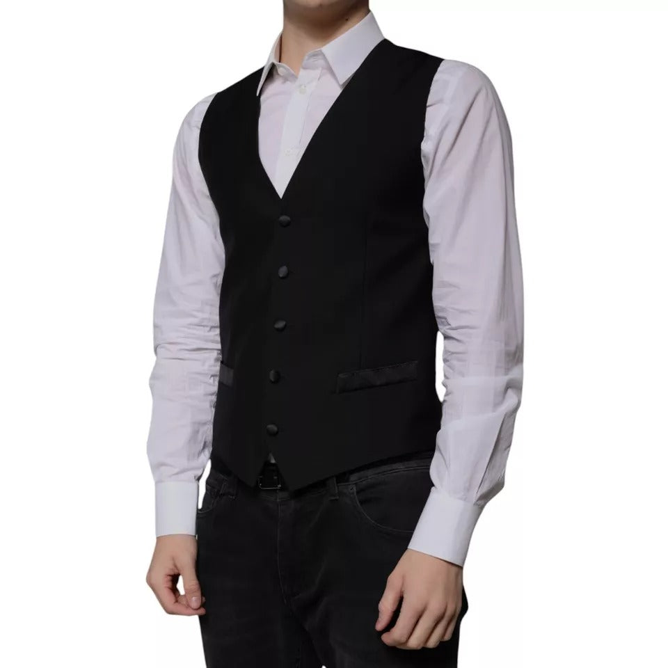 Dolce & Gabbana Black Wool Formal Dress Men Waistcoat Vest