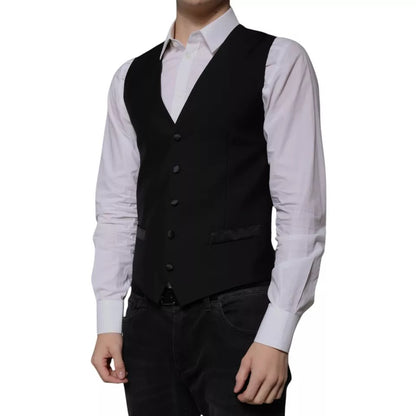 Dolce & Gabbana Black Wool Formal Dress Men Waistcoat Vest