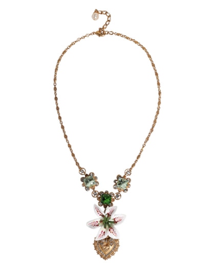 Dolce & Gabbana Gold Brass Lily Crystal Sacred Heart Pendant Necklace