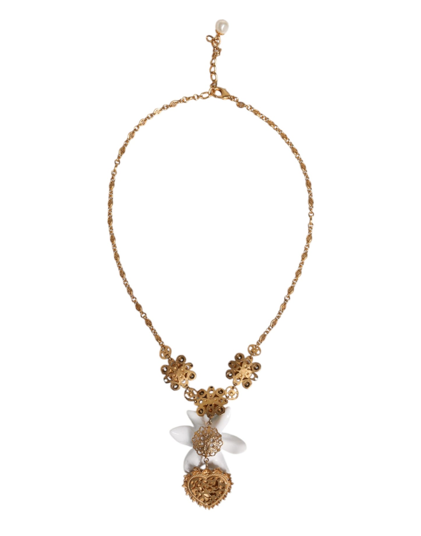 Dolce & Gabbana Gold Brass Lily Crystal Sacred Heart Pendant Necklace