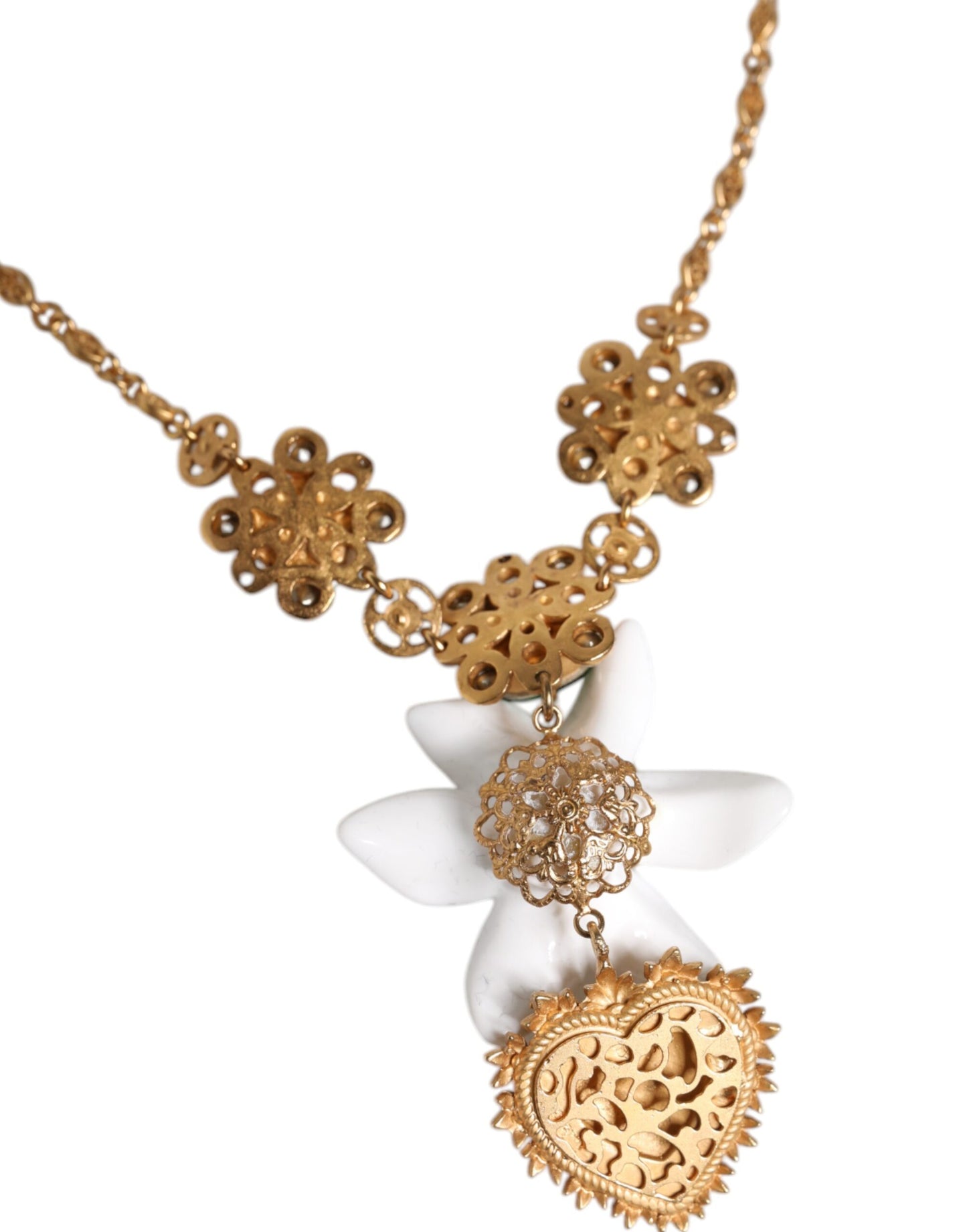 Dolce & Gabbana Gold Brass Lily Crystal Sacred Heart Pendant Necklace