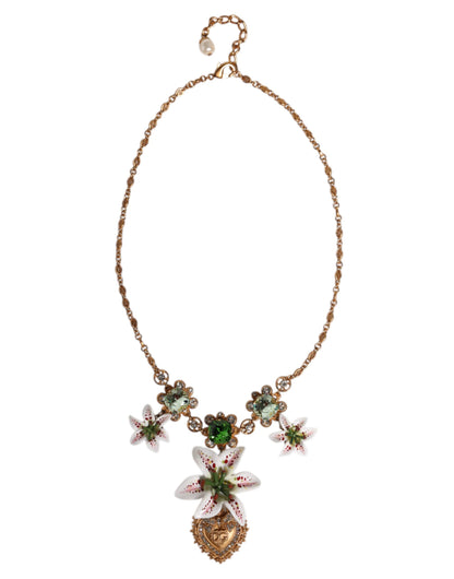 Dolce & Gabbana Gold Brass Lily Crystal Sacred Heart Pendant Necklace