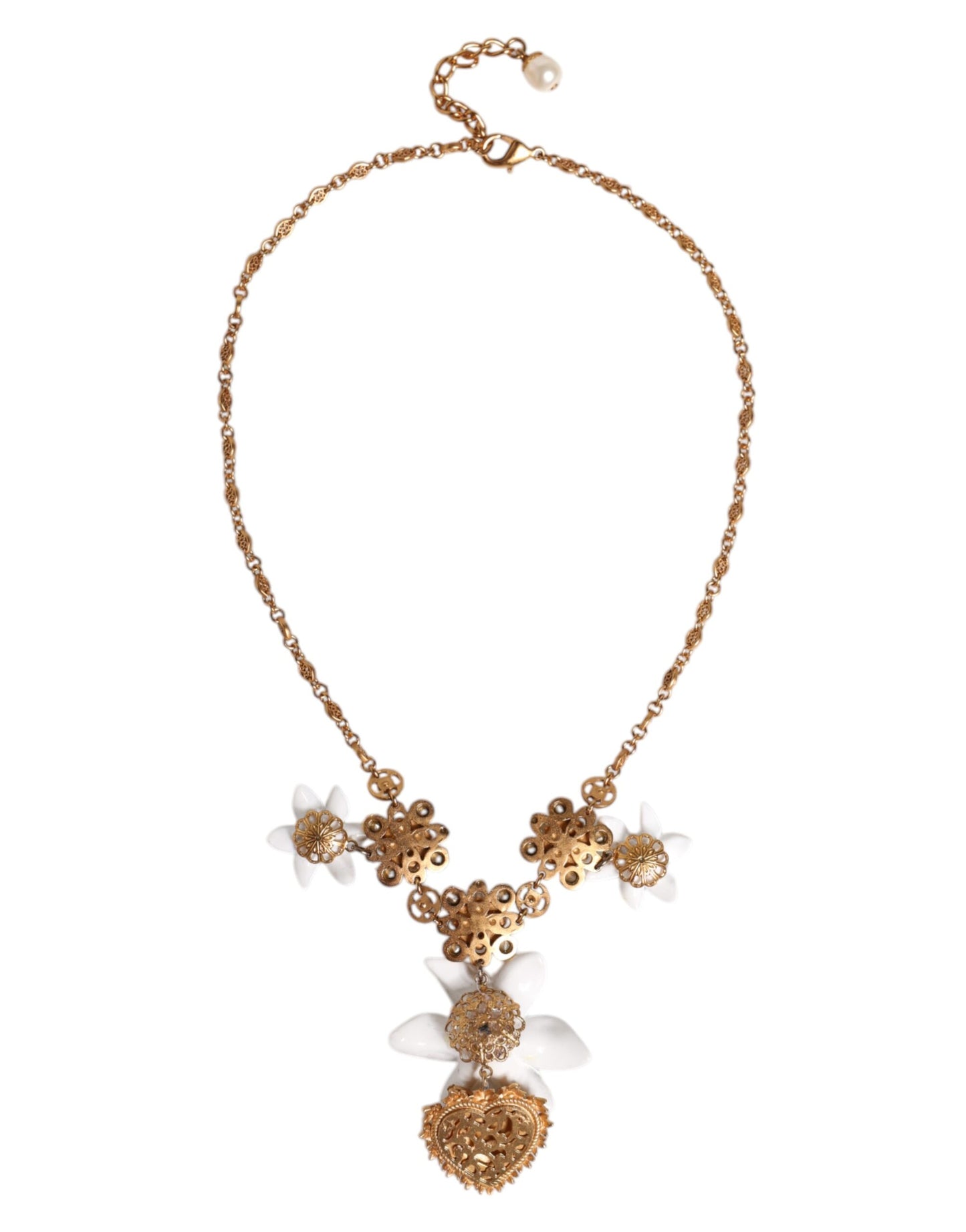 Dolce & Gabbana Gold Brass Lily Crystal Sacred Heart Pendant Necklace