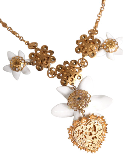 Dolce & Gabbana Gold Brass Lily Crystal Sacred Heart Pendant Necklace