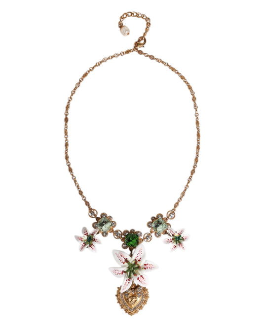 Dolce & Gabbana Gold Brass Lily Crystal Sacred Heart Pendant Necklace