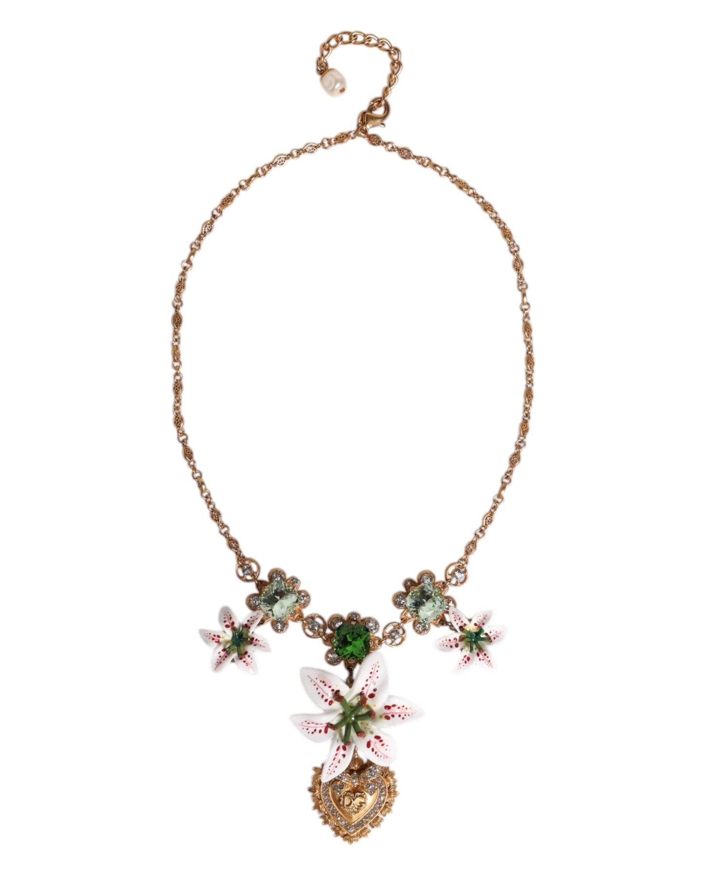 Dolce & Gabbana Gold Brass Lily Crystal Sacred Heart Pendant Necklace