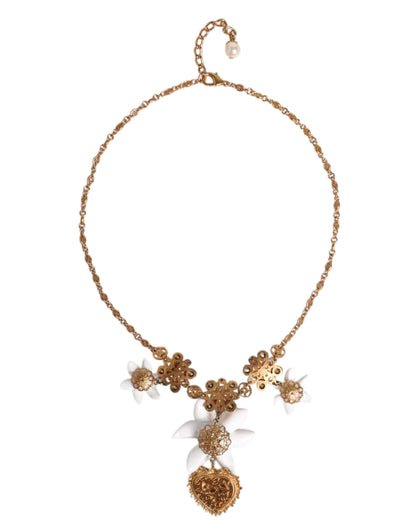 Dolce & Gabbana Gold Brass Lily Crystal Sacred Heart Pendant Necklace