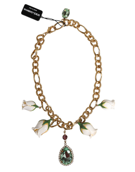 Dolce & Gabbana Gold Brass Short Chain Flower Crystal Pendant Necklace