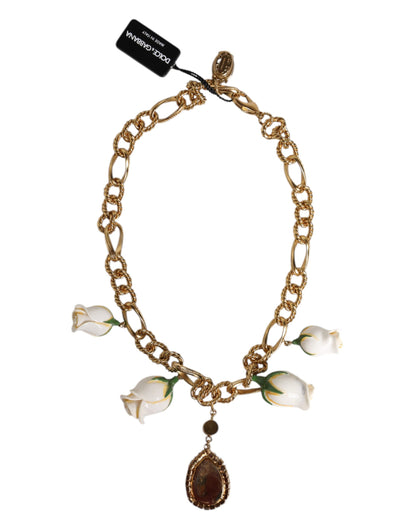 Dolce & Gabbana Gold Brass Short Chain Flower Crystal Pendant Necklace