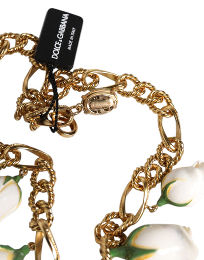 Dolce & Gabbana Gold Brass Short Chain Flower Crystal Pendant Necklace