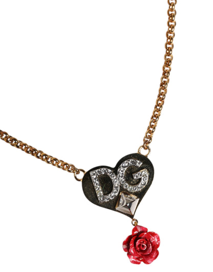 Dolce & Gabbana Gold Brass Cuore Heart Rose Crystal Embellished Necklace