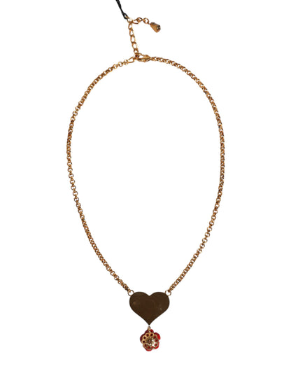 Dolce & Gabbana Gold Brass Cuore Heart Rose Crystal Embellished Necklace