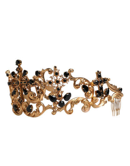 Dolce & Gabbana Gold Tone Brass Cross Crystal Embellished Crown Tiara