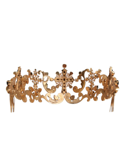 Dolce & Gabbana Gold Tone Brass Cross Crystal Embellished Crown Tiara