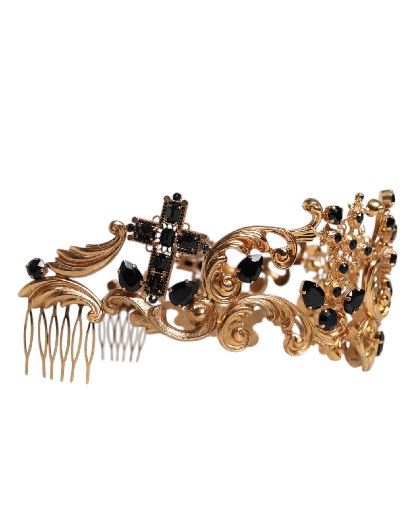 Dolce & Gabbana Gold Tone Brass Cross Crystal Embellished Crown Tiara