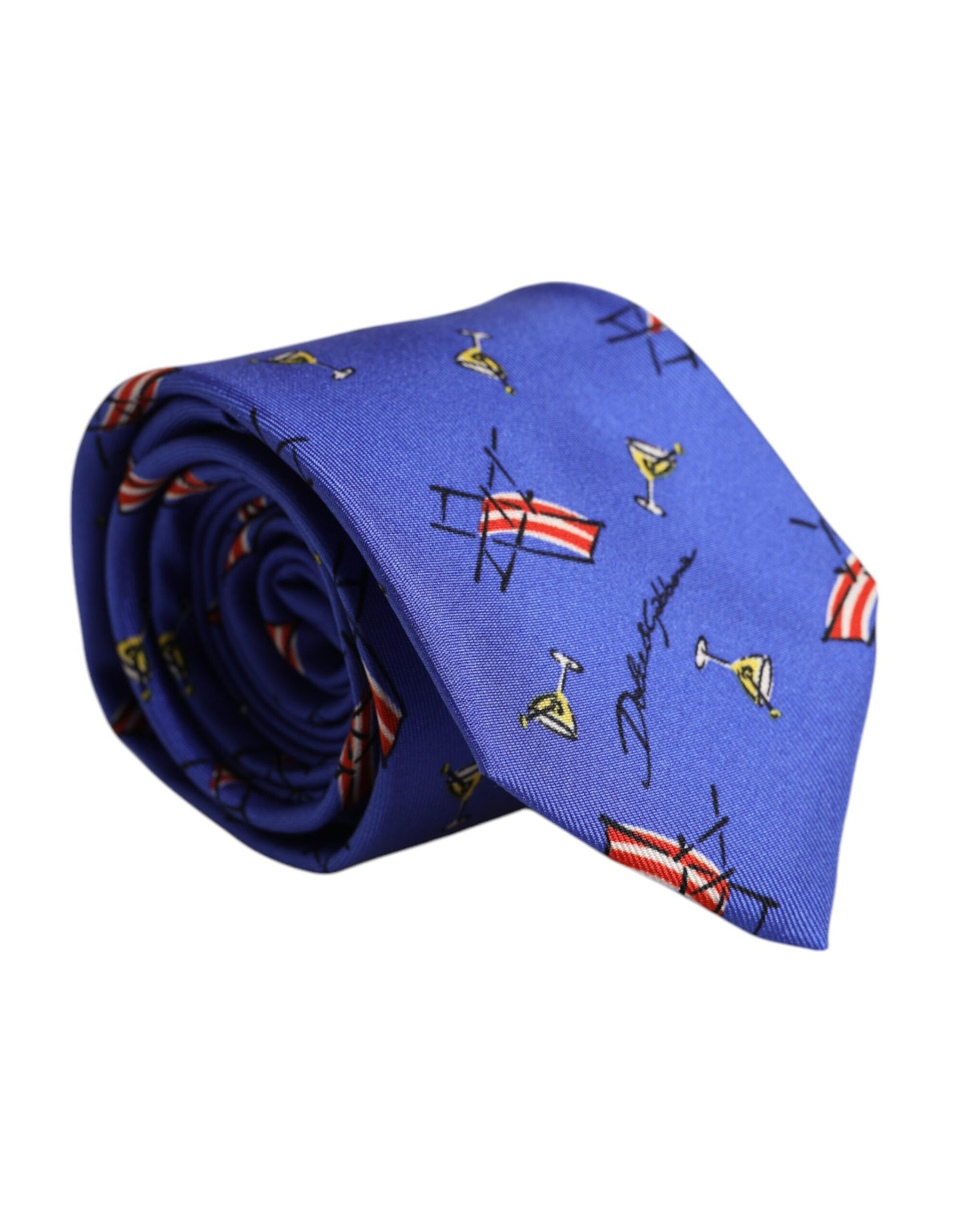 Dolce & Gabbana Blue Cocktail Print Silk Adjustable Necktie Tie