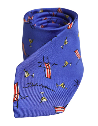 Dolce & Gabbana Blue Cocktail Print Silk Adjustable Necktie Tie