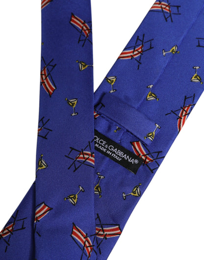 Dolce & Gabbana Blue Cocktail Print Silk Adjustable Necktie Tie