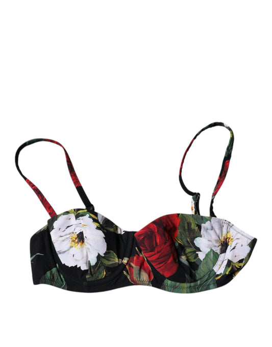 Dolce & Gabbana Black Floral Print Nylon Balconcino Bra Underwear