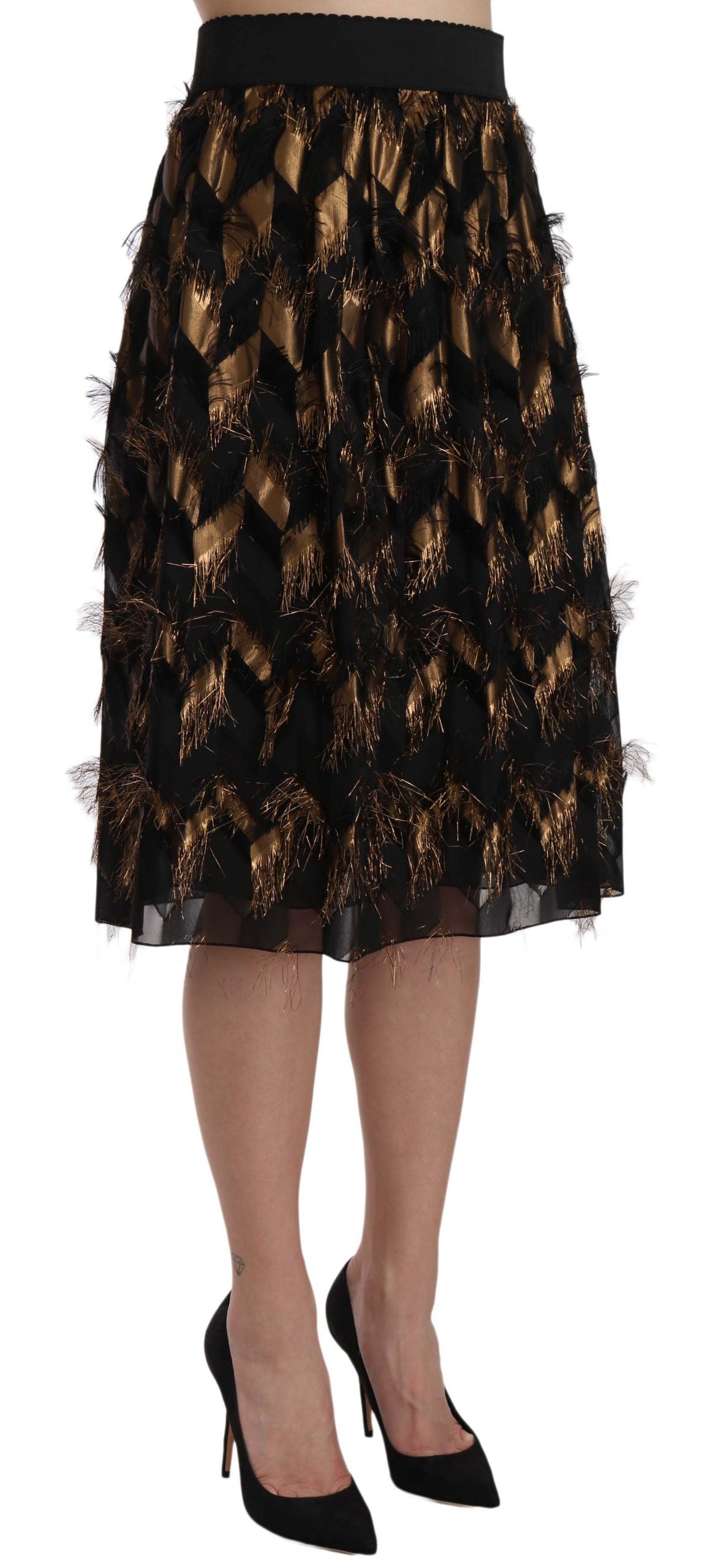 Dolce & Gabbana Elegant Gold Black Silk Blend High Waist Skirt