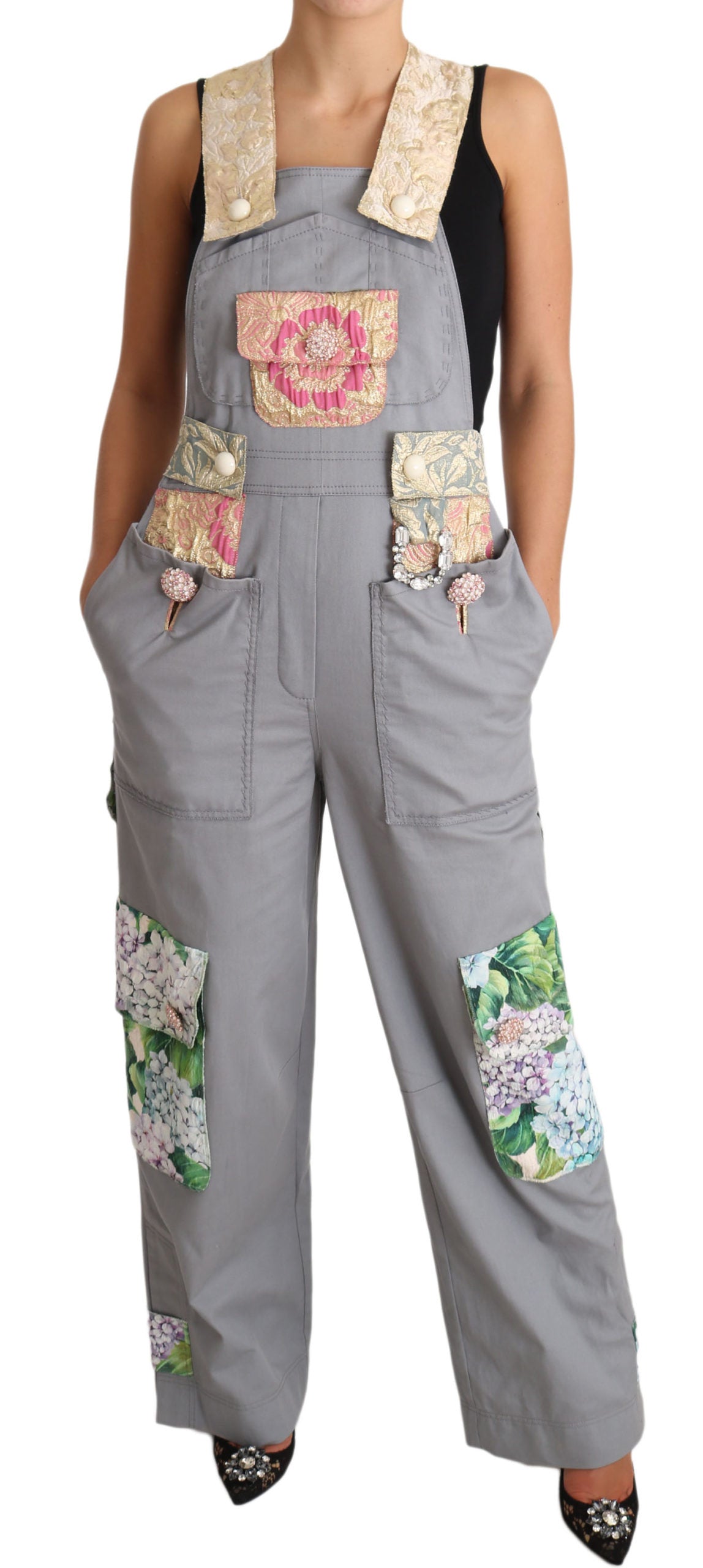 Dolce & Gabbana Exquisite Floral Embellished Denim Overalls