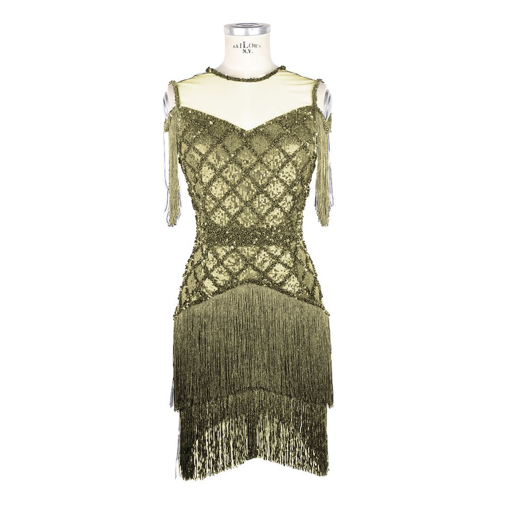 Elisabetta Franchi Glamorous Gold Fringed Sleeveless Dress