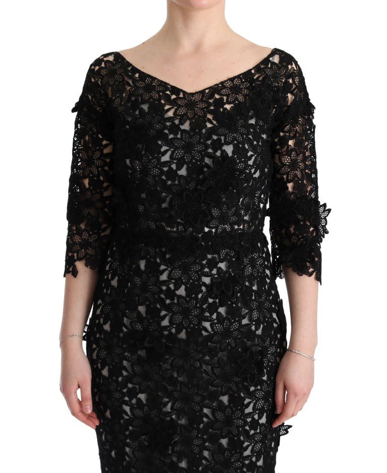 Dolce & Gabbana Elegant Black Maxi Shift Dress with Floral Applique