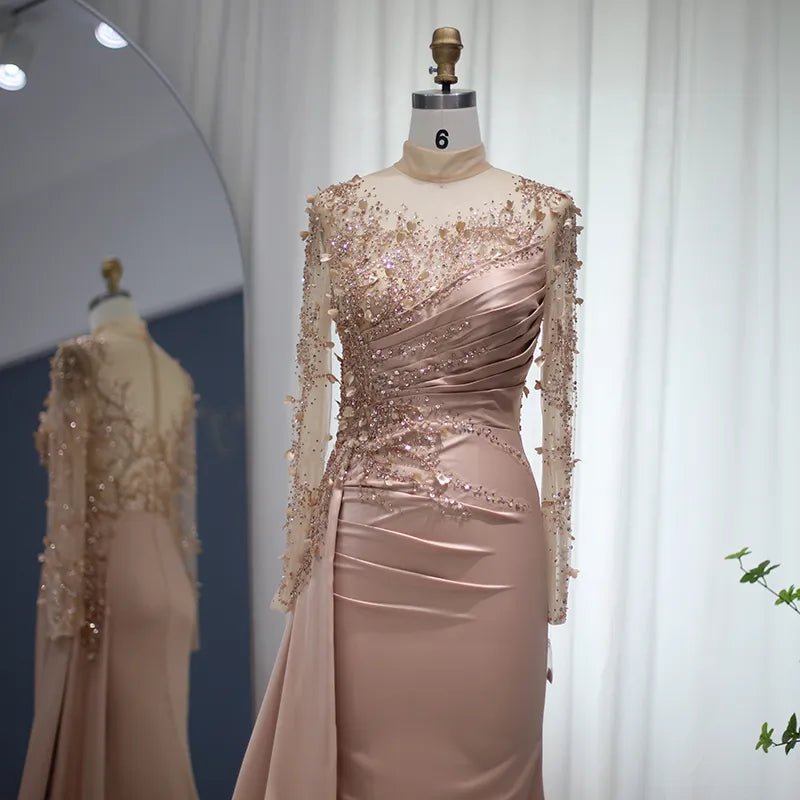 Sharon Said Rose Gold Mermaid Arabic Evening Dresses Long Sleeve Luxury Dubai Muslim Formal Dress for Women Wedding Party SS472