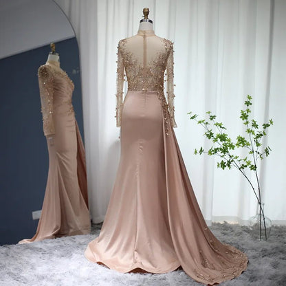 Sharon Said Rose Gold Mermaid Arabic Evening Dresses Long Sleeve Luxury Dubai Muslim Formal Dress for Women Wedding Party SS472