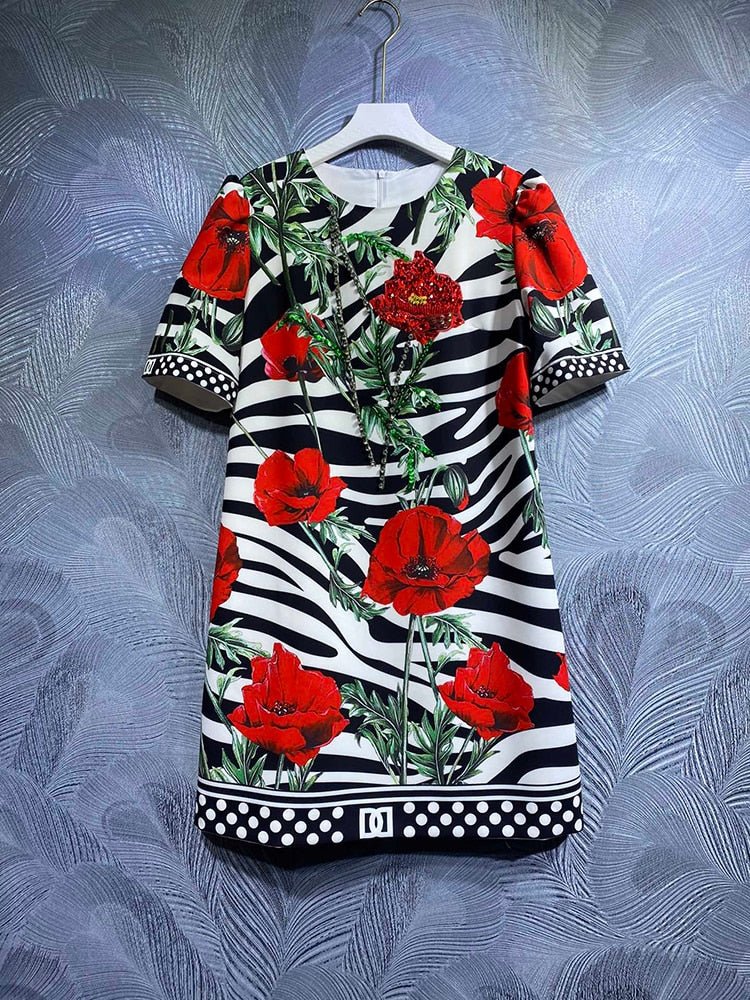 Seifrmann High Quality Summer Women Fashion Runway Mini Dress Short Sleeve Beading Striped Floral Printed Elegant A-Line Dresses