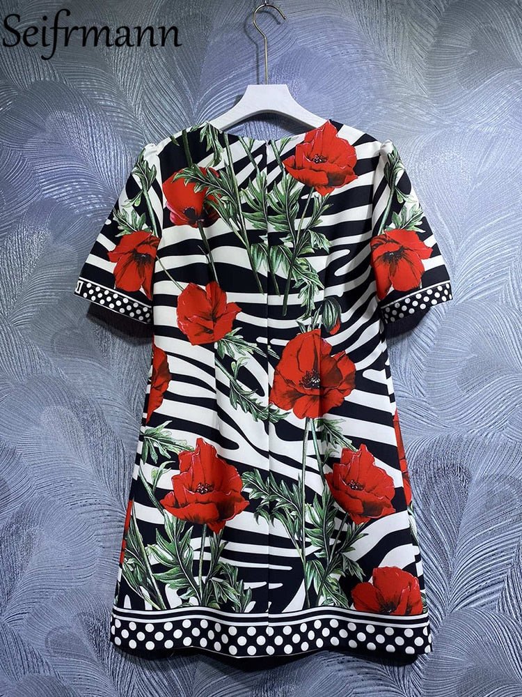 Seifrmann High Quality Summer Women Fashion Runway Mini Dress Short Sleeve Beading Striped Floral Printed Elegant A-Line Dresses