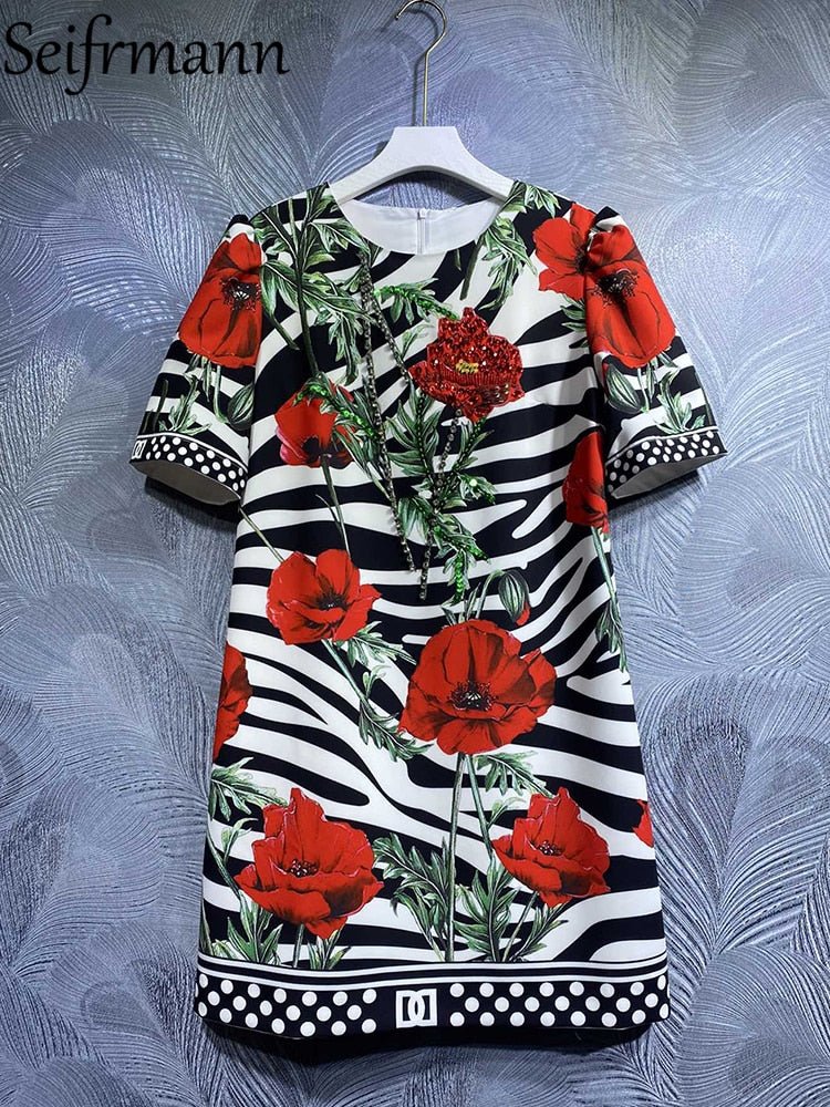 Seifrmann High Quality Summer Women Fashion Runway Mini Dress Short Sleeve Beading Striped Floral Printed Elegant A-Line Dresses