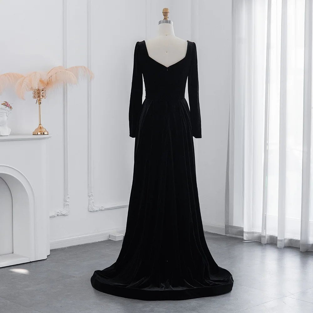 Sharon Said Luxury Crystal Black Velvet Dubai Evening Dresses with Overskirt Long Sleeve Formal Party Dress for Wedding SS533