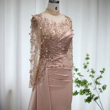 Sharon Said Rose Gold Mermaid Arabic Evening Dresses Long Sleeve Luxury Dubai Muslim Formal Dress for Women Wedding Party SS472