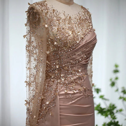 Sharon Said Rose Gold Mermaid Arabic Evening Dresses Long Sleeve Luxury Dubai Muslim Formal Dress for Women Wedding Party SS472