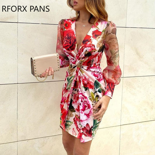 Mesh Floral Print Twisted Waist Midi Dress Elegant Night Out Bodycon Party Dress